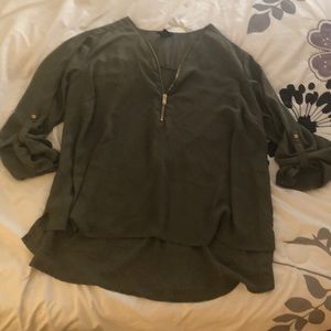 Olive green flowy 3/4 sleeve blouse gold accents